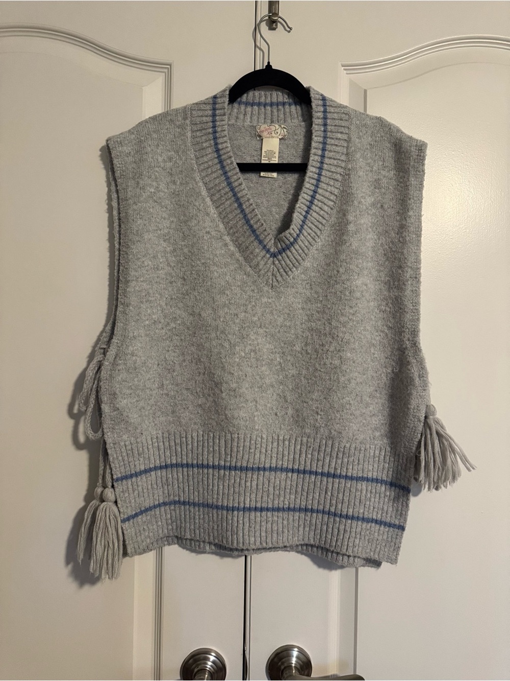 Free People Gray V-Neck Sweater Vest with Blue Trim and Side Tassels